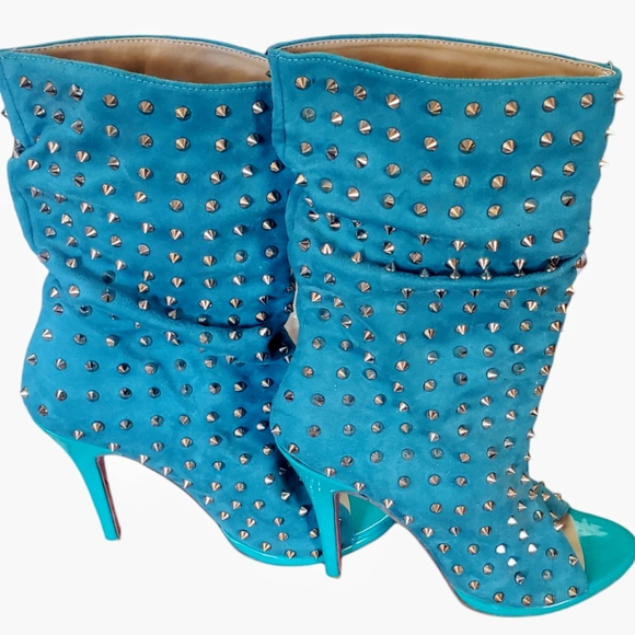 Designer Inspired Teal Studded Peep Toe High Heel Boots Size 42 - Picture 2 of 16